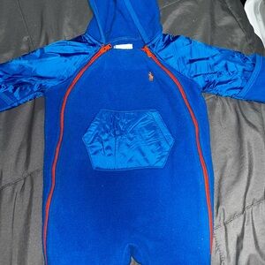 Ralph Lauren Baby Snow Suit 3M Blue Hooded Fleece Winter Bunting One Piece